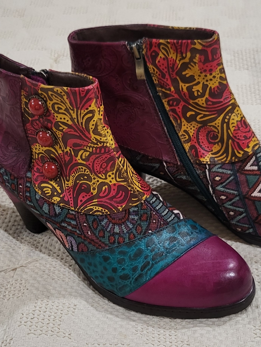 SOCOFY NEW Women’s Multicolor Patterned Ankle Boots - Pink/Teal/Yellow